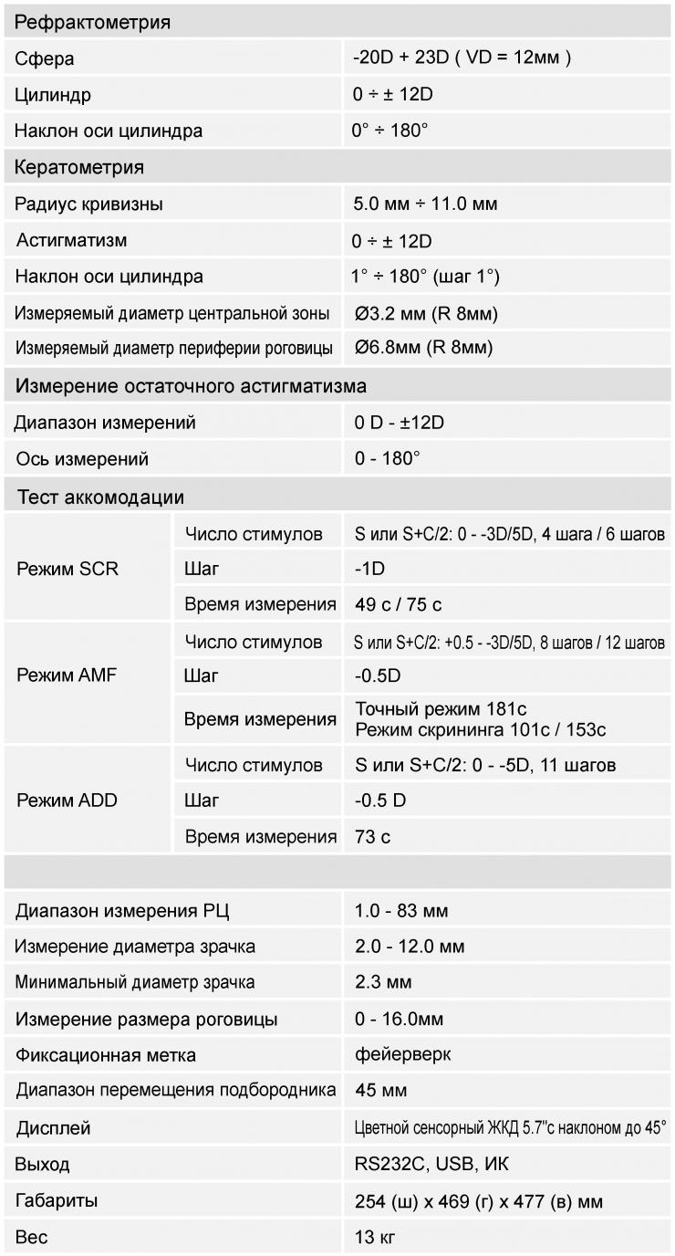 Спецификация - Acomoref  2K-model (с функцией измерения аккомодации)